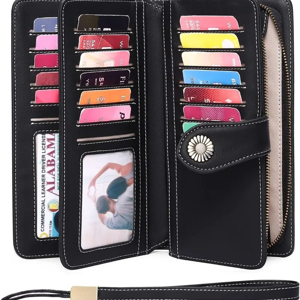 Women Leather Wallet RFID Blocking Bifold Large Capacity Zipper Coin Pocket